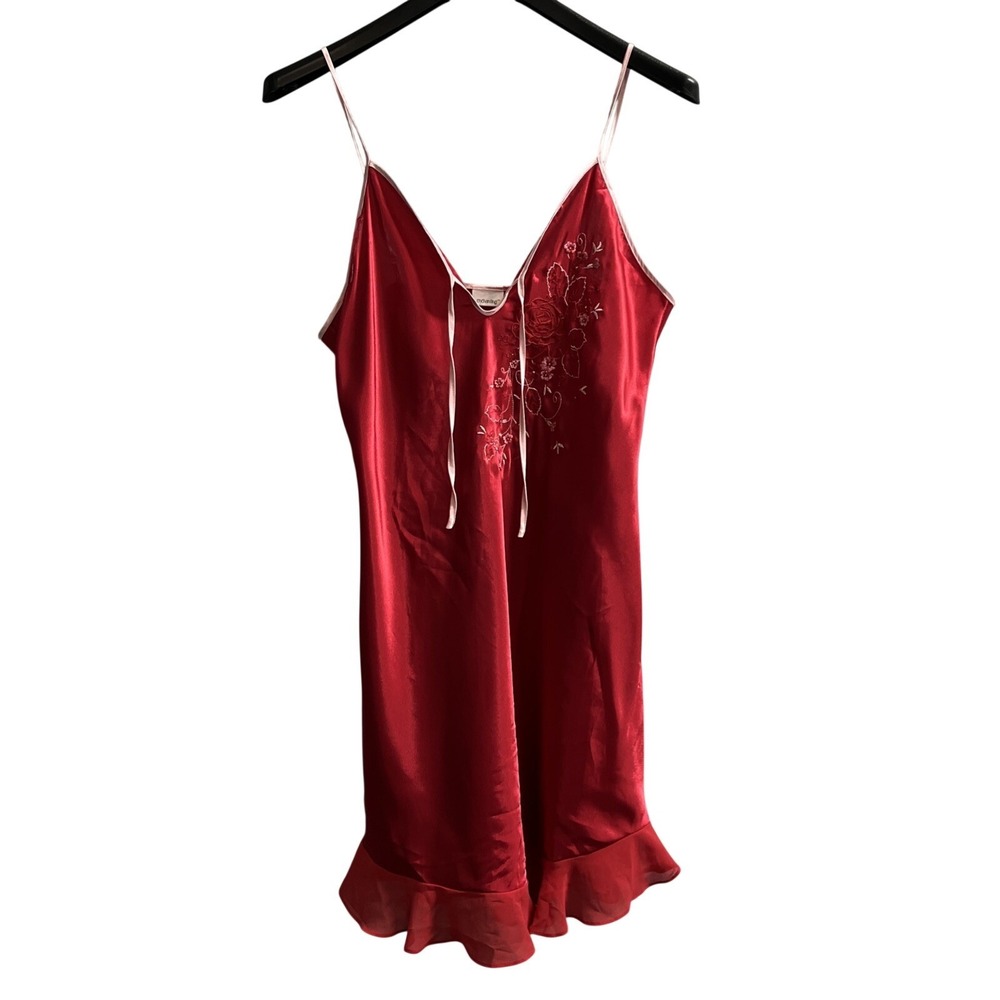 Enchanting Slip Dress Womens M Red Floral Embroidered Pink Trim‎ Mini Romantic